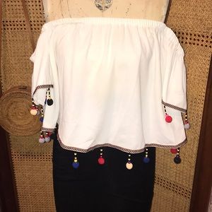 Off the Shoulder Top with Pom Pom trim